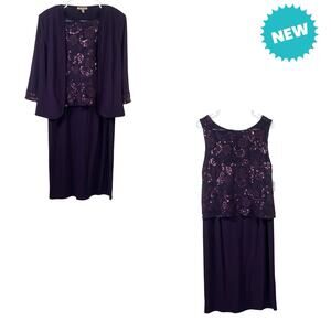 Maya Brooke Size 14 3/4 Sleeve Sequin Embroidered Jacket & Dress Eggplant NEW